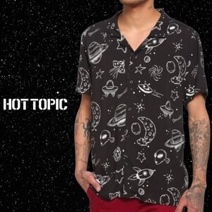 Philcos Space Alien UFO Button Down Shirt Mens XL Celestial Rayon Black XL